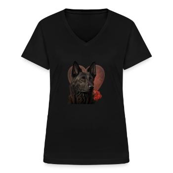 Berger néerlandais Saint-Valentin - T-shirt col V Femme - noir - Devant - Lela (165cm)
