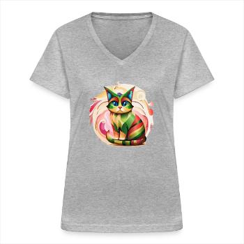 Color Burst Cat - Women's V-neck T-shirt - sports grey - Front - Lela (165cm)