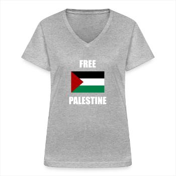 Palestine libre - T-shirt col V Femme - gris chiné - Devant - Lela (165cm)