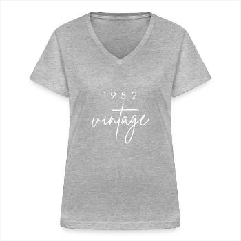 Anniversaire 1952 vintage - T-shirt col V Femme - gris chiné - Devant - Lela (165cm)