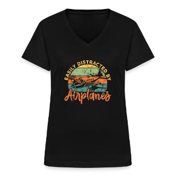 Easily Distracted By Airplanes Airplane Pilot - Frauen-T-Shirt mit V-Ausschnitt - Schwarz - Vorne - Lela (165cm)