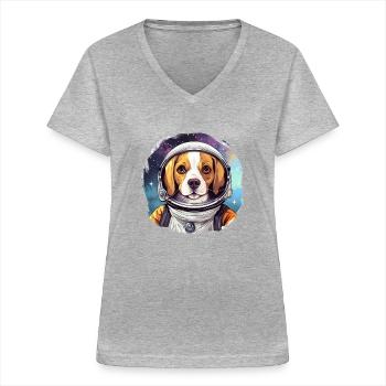 Hund als Astronaut - Frauen-T-Shirt mit V-Ausschnitt - Grau meliert - Vorne - Lela (165cm)