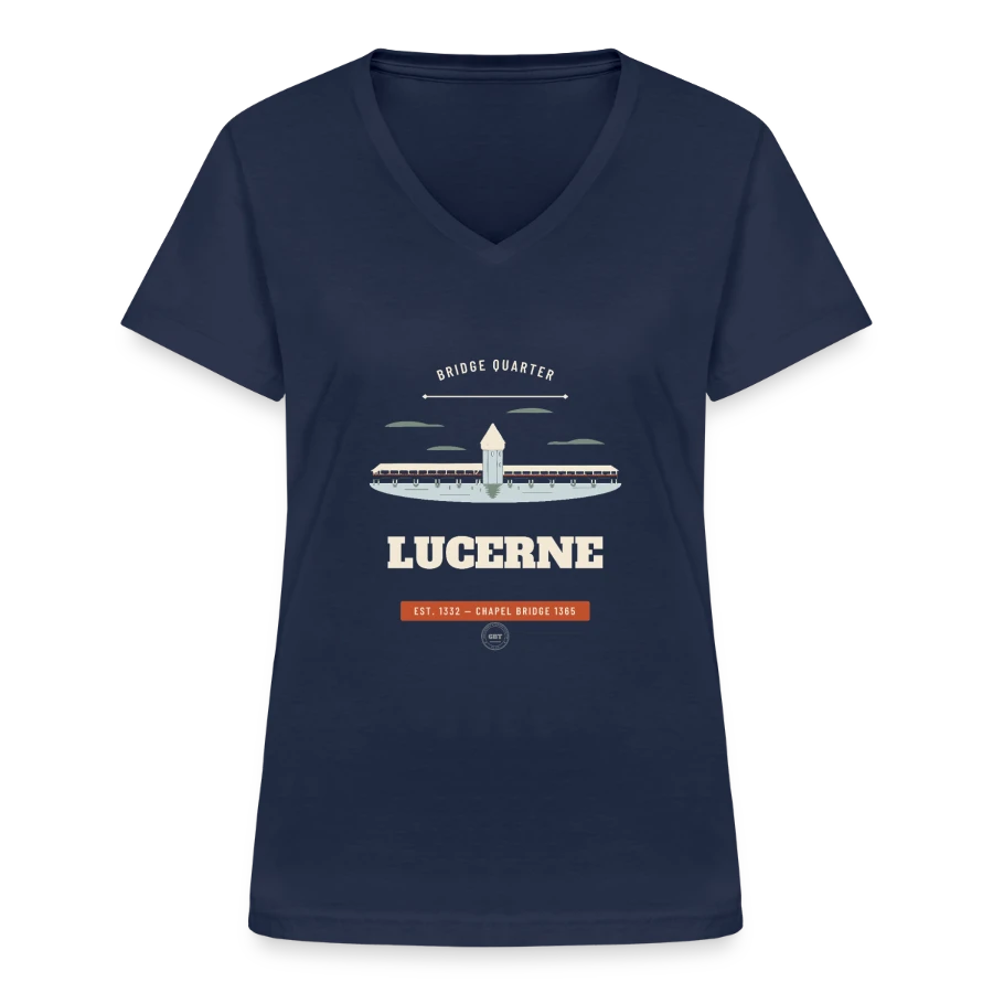 Lucerne badge on a women's v-neck t-shirt, navy