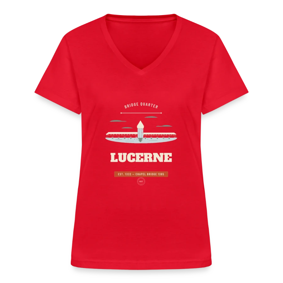 Lucerne badge on a women's v-neck t-shirt, red