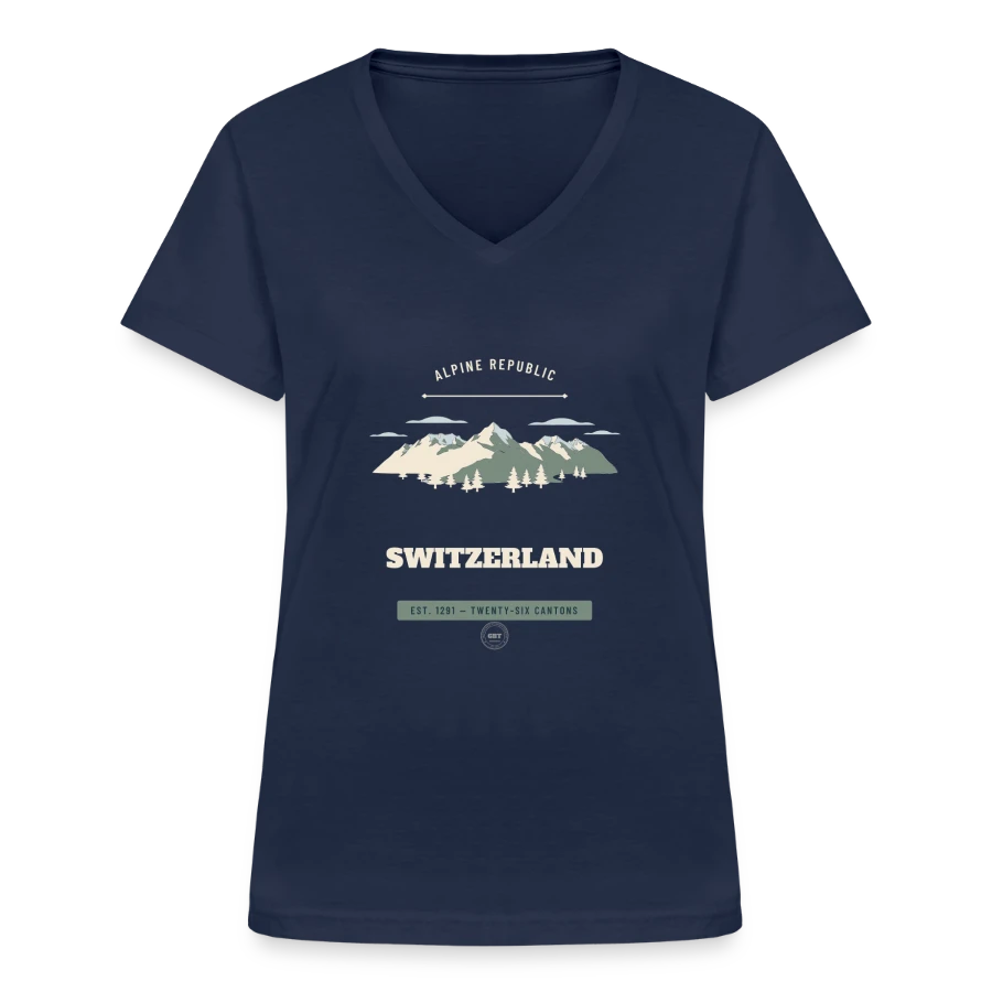 Switzerland badge on a women's v-neck t-shirt, navy