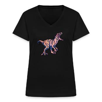 Fête d’anniversaire colorée T-Rex Dinosaur Dino pour enfants - T-shirt col V Femme - noir - Devant - Lela (165cm)