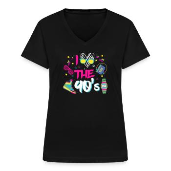 I Love the 90s/Neunziger/Mottoparty/Retro/Party - Frauen-T-Shirt mit V-Ausschnitt - Schwarz - Vorne - Lela (165cm)