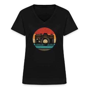 Caméra Retro Style Vintage - T-shirt col V Femme - noir - Devant - Lela (165cm)