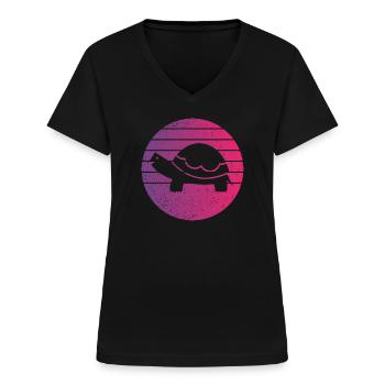 Tortue Rétro Style Vintage - T-shirt col V Femme - noir - Devant - Lela (165cm)