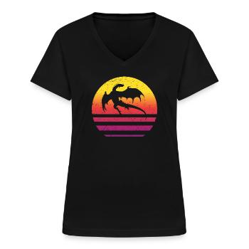 Drache Retro Style Vintage - Frauen-T-Shirt mit V-Ausschnitt - Schwarz - Vorne - Lela (165cm)