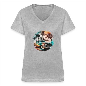 Lowrider im Sonnenuntergang mit Palmen am Strand - Frauen-T-Shirt mit V-Ausschnitt - Grau meliert - Vorne - Lela (165cm)