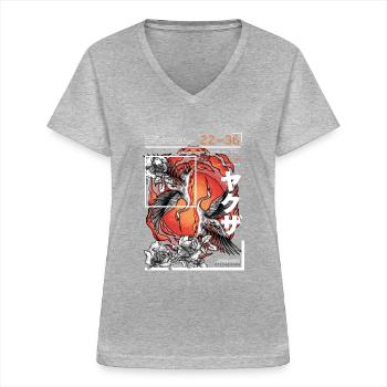 Japanischer Art Style Kranich - Frauen-T-Shirt mit V-Ausschnitt - Grau meliert - Vorne - Lela (165cm)