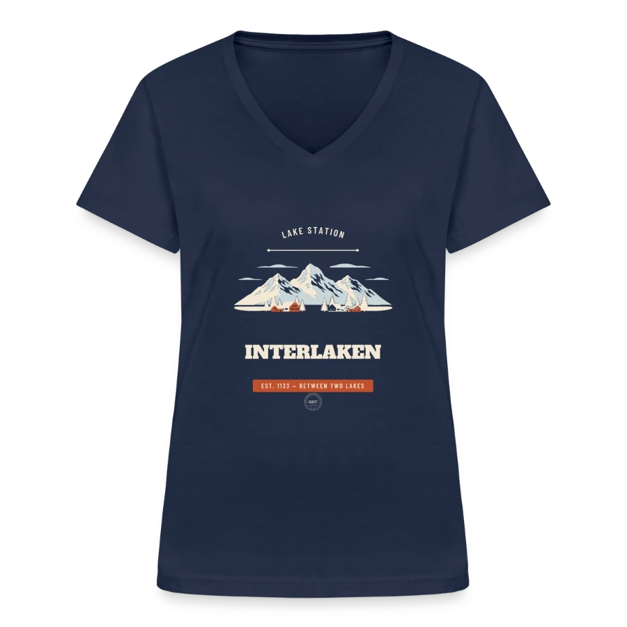 Interlaken badge on a women's v-neck t-shirt, navy
