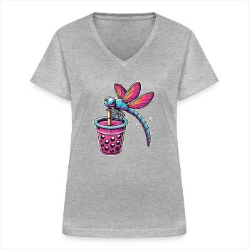 Thé à bulles - T-shirt col V Femme - gris chiné - Devant - Lela (165cm)