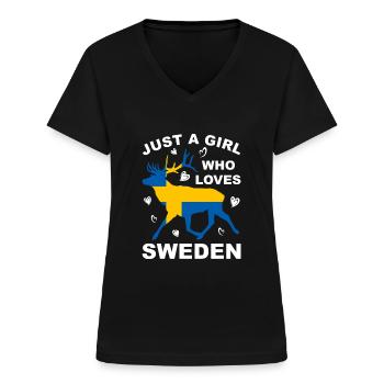 Sweden flag moose Scandinavia vacation travel - Women's V-neck T-shirt - black - Front - Lela (165cm)