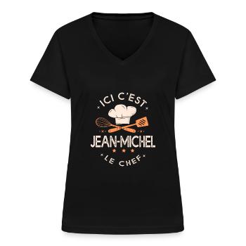 Jean Michel Chef Ici c est Jean Michel le chef - T-shirt col V Femme - noir - Devant - Lela (165cm)