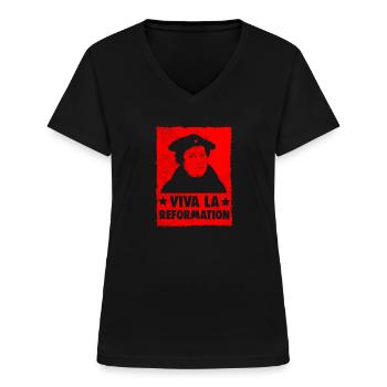 Chemise Viva La Reformation Martin Luther Protestant - T-shirt col V Femme - noir - Devant - Lela (165cm)