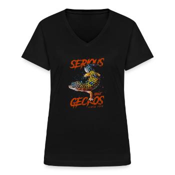 Ernsthaft über Leopardgeckos seit 1972 - Frauen-T-Shirt mit V-Ausschnitt - Schwarz - Vorne - Lela (165cm)