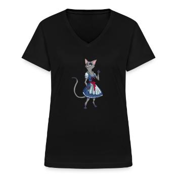Katze Dirndl Tracht - Frauen-T-Shirt mit V-Ausschnitt - Schwarz - Vorne - Lela (165cm)
