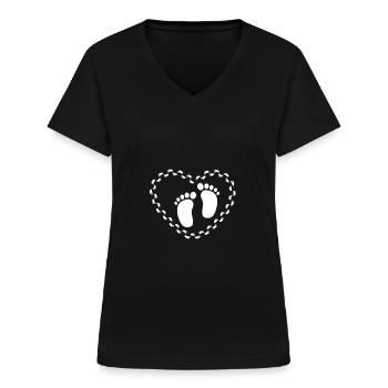 Baby feet heart footprint pregnancy belly - Women's V-neck T-shirt - black - Front - Lela (165cm)