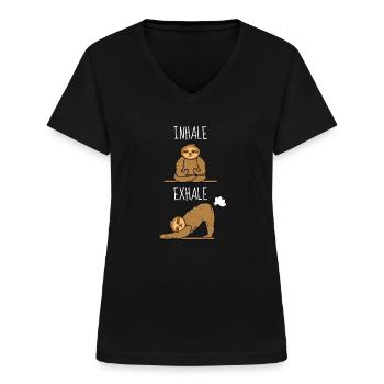 Faultier Yoga Meditation - Inhale Exhale - Frauen-T-Shirt mit V-Ausschnitt - Schwarz - Vorne - Lela (165cm)