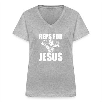 Reps For Jesus Fitness Bodybuilder - T-shirt col V Femme - gris chiné - Devant - Lela (165cm)