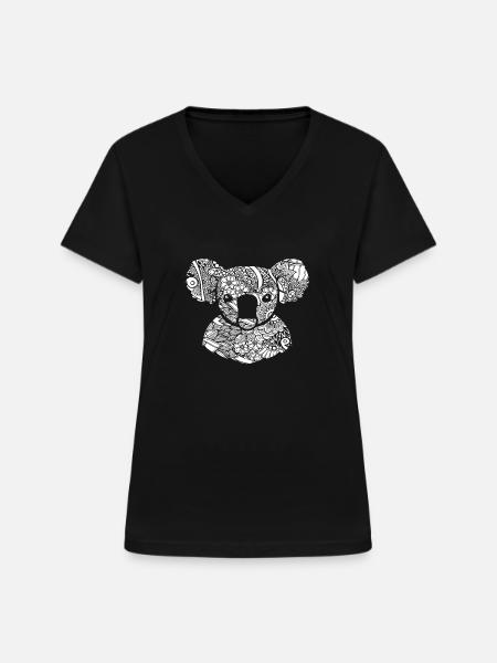 Koala Koala Blumenmuster - Frauen-T-Shirt mit V-Ausschnitt - Schwarz