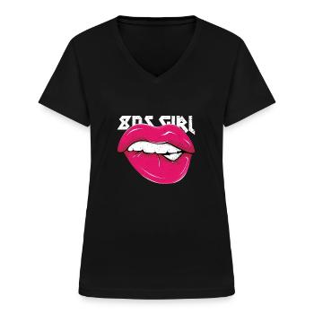 80er Jahre Mädchen Pink - Frauen-T-Shirt mit V-Ausschnitt - Schwarz - Vorne - Lela (165cm)
