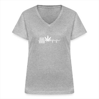 Cannabis Blatt EKG Herzlinie Herzschlag Kiffer - Frauen-T-Shirt mit V-Ausschnitt - Grau meliert - Vorne - Lela (165cm)