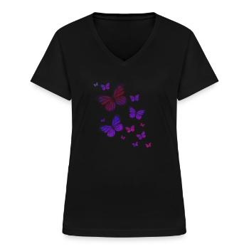 Papillon papillon des animaux coloré couleur - T-shirt col V Femme - noir - Devant - Lela (165cm)