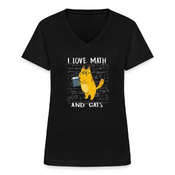 J'aime les mathématiques et les chats, professeur de mathématiques, élève K - T-shirt col V Femme - noir - Devant - Lela (165cm)