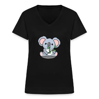 Le koala des feuilles mange - T-shirt col V Femme - noir - Devant - Lela (165cm)