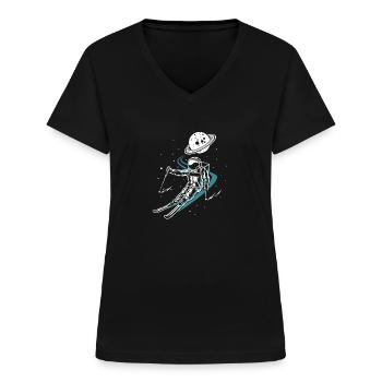 Astronaut In Space With Ski Funny Skiing - Women's V-neck T-shirt - black - Front - Lela (165cm)