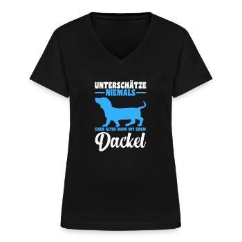 Unterschätze niemals einen alten Mann mit Dackel - Frauen-T-Shirt mit V-Ausschnitt - Schwarz - Vorne - Lela (165cm)