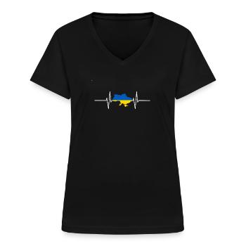 Ukraine Heartbeat Flag Vintage Ukraine - T-shirt col V Femme - noir - Devant - Lela (165cm)