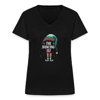 Funny The Dancing Elf Christmas Holiday Costume - Women's V-neck T-shirt - black - Front - Lela (165cm)