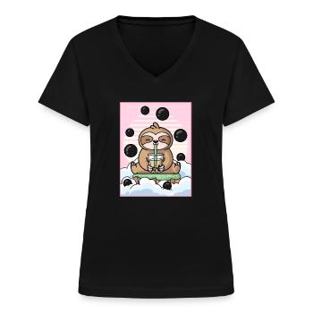Japanese Aesthetic Kawaii Faultier Boba-Milchtee G - Frauen-T-Shirt mit V-Ausschnitt - Schwarz - Vorne - Lela (165cm)