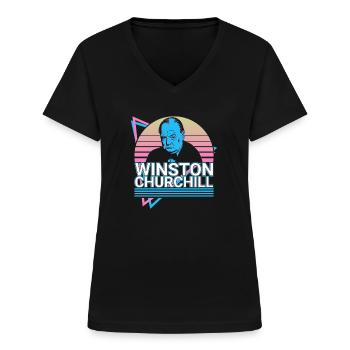 Winston Churchill Retro Gave - T-shirt med V-hals til damer - sort - Foran - Lela (165cm)