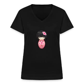 Cherry Blossom Geisha Japanese Kokeshi Doll - Women's V-neck T-shirt - black - Front - Lela (165cm)