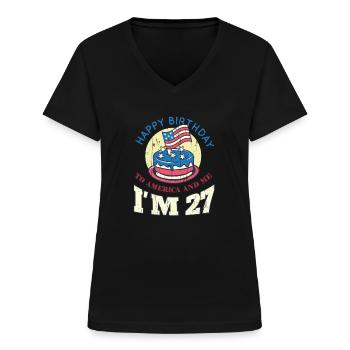 US America Flag Cake Naissance Age 27 USA 4 juillet - T-shirt col V Femme - noir - Devant - Lela (165cm)