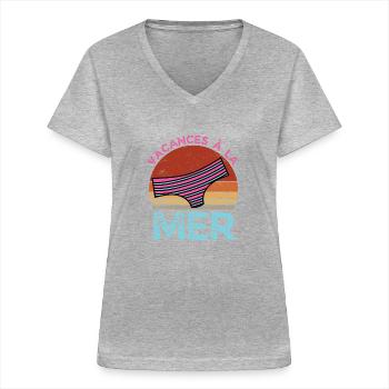vacances à la mer rétro vintage - T-shirt col V Femme - gris chiné - Devant - Lela (165cm)