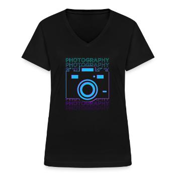 Fotografie Fotograf Kamera Retro - Frauen-T-Shirt mit V-Ausschnitt - Schwarz - Vorne - Lela (165cm)
