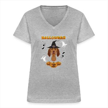 Joyeux Halloween I Dog Lover I Vizsla - T-shirt col V Femme - gris chiné - Devant - Lela (165cm)