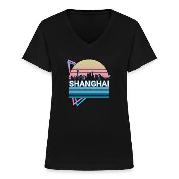 Shanghai Stadt Skyline Stadtbild Retro - Frauen-T-Shirt mit V-Ausschnitt - Schwarz - Vorne - Lela (165cm)