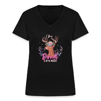 Mei Dirndl Is In Da Wäsch - Frauen-T-Shirt mit V-Ausschnitt - Schwarz - Vorne - Lela (165cm)