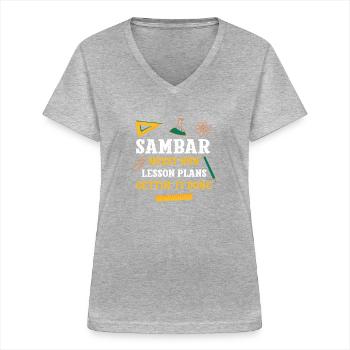 Sambar Messy Bun Plans de cours Drôle Professeur Humour - T-shirt col V Femme - gris chiné - Devant - Lela (165cm)