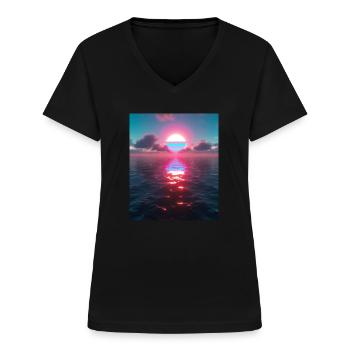Vaporwave Aesthetic Sonnenuntergang Meer - Frauen-T-Shirt mit V-Ausschnitt - Schwarz - Vorne - Lela (165cm)
