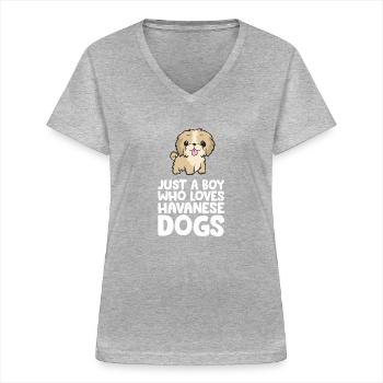 Juste un garçon qui aime les chiens havanais - T-shirt col V Femme - gris chiné - Devant - Lela (165cm)