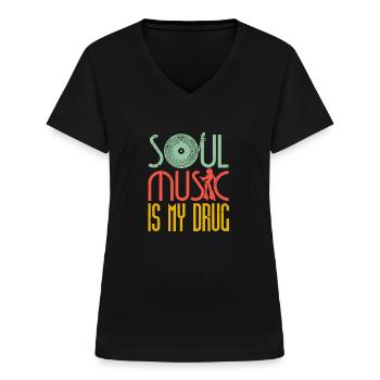 Funk Clothing | Vintage 70s Costume for Soul Music - Women's V-neck T-shirt - black - Front - Lela (165cm)