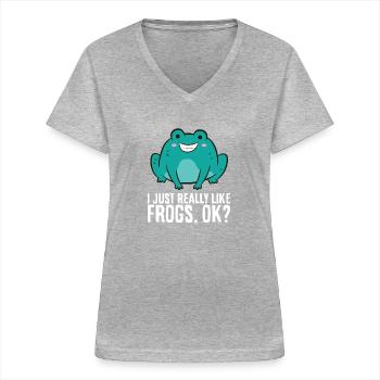 Amateurs de grenouilles J’aime vraiment les grenouilles - T-shirt col V Femme - gris chiné - Devant - Lela (165cm)